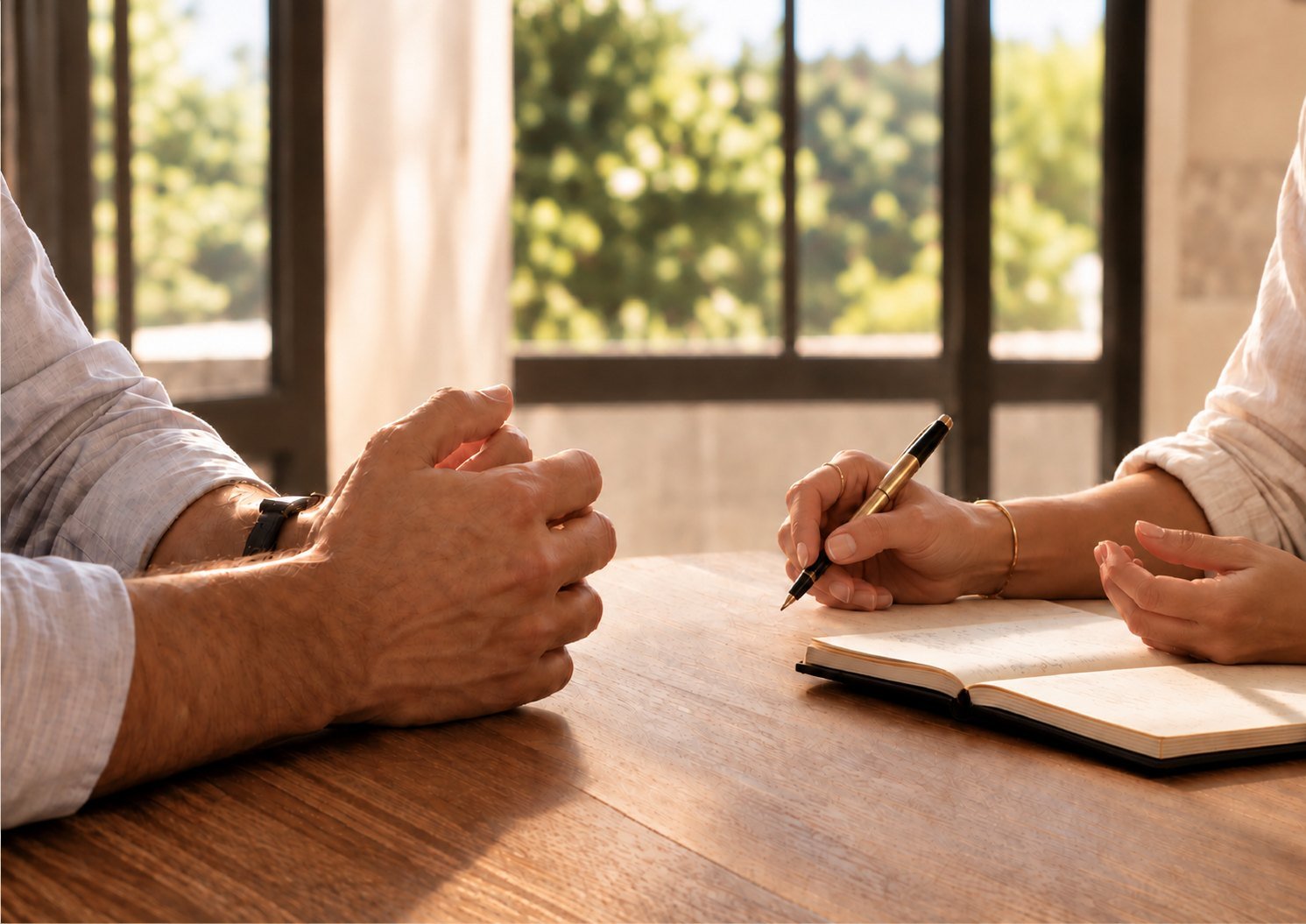 Échange autour d’une table entre un propriétaire et son interlocutrice, carnet ouvert